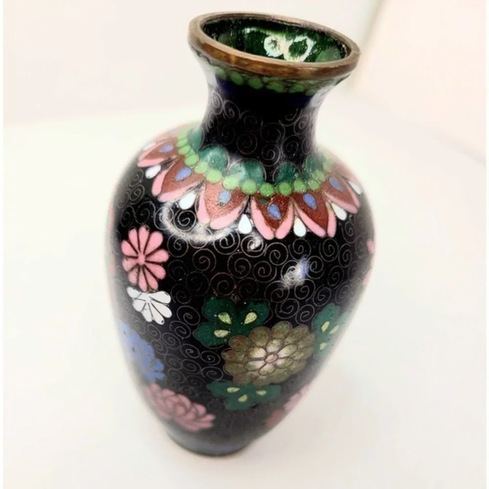 Antique Chinese Black‎ Pink Green Floral Peony Cloisonné Vase